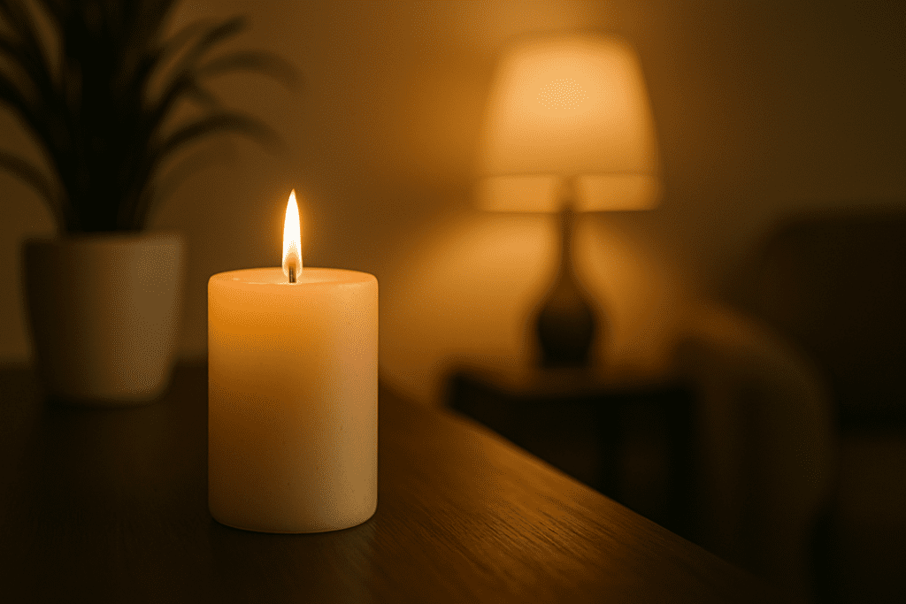 A lit pillar candle glows on a dark wooden surface, with a potted plant and warm lamplight in the softly blurred background
