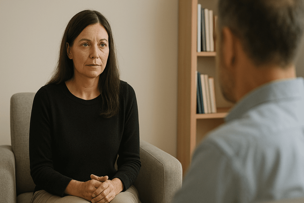 A middle-aged woman sits attentively in a minimalist therapy office, listening with calm focus during a conversation