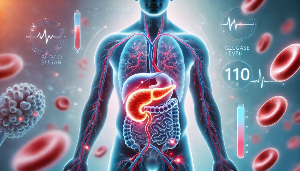 Medical illustration of a human body with the pancreas and blood vessels highlighted, surrounded by circulating red and blue blood cells, representing glucose level fluctuations around 110 in a clinical, blue-toned environment