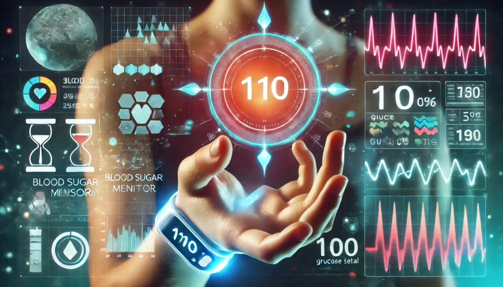 Futuristic digital concept showing a hand wearing a blood glucose sensor with holographic projections of blood sugar graphs hovering in the background, highlighting a 110 glucose level as part of early prediabetes detection