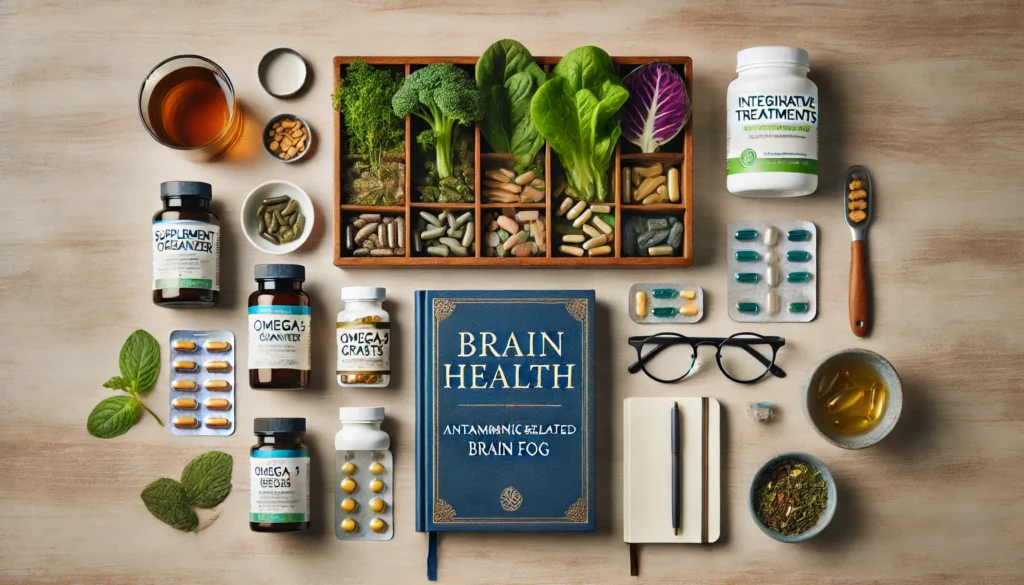 Holistic setup including healthy foods, supplements, and wellness tools supporting autoimmune disease brain fog treatment.