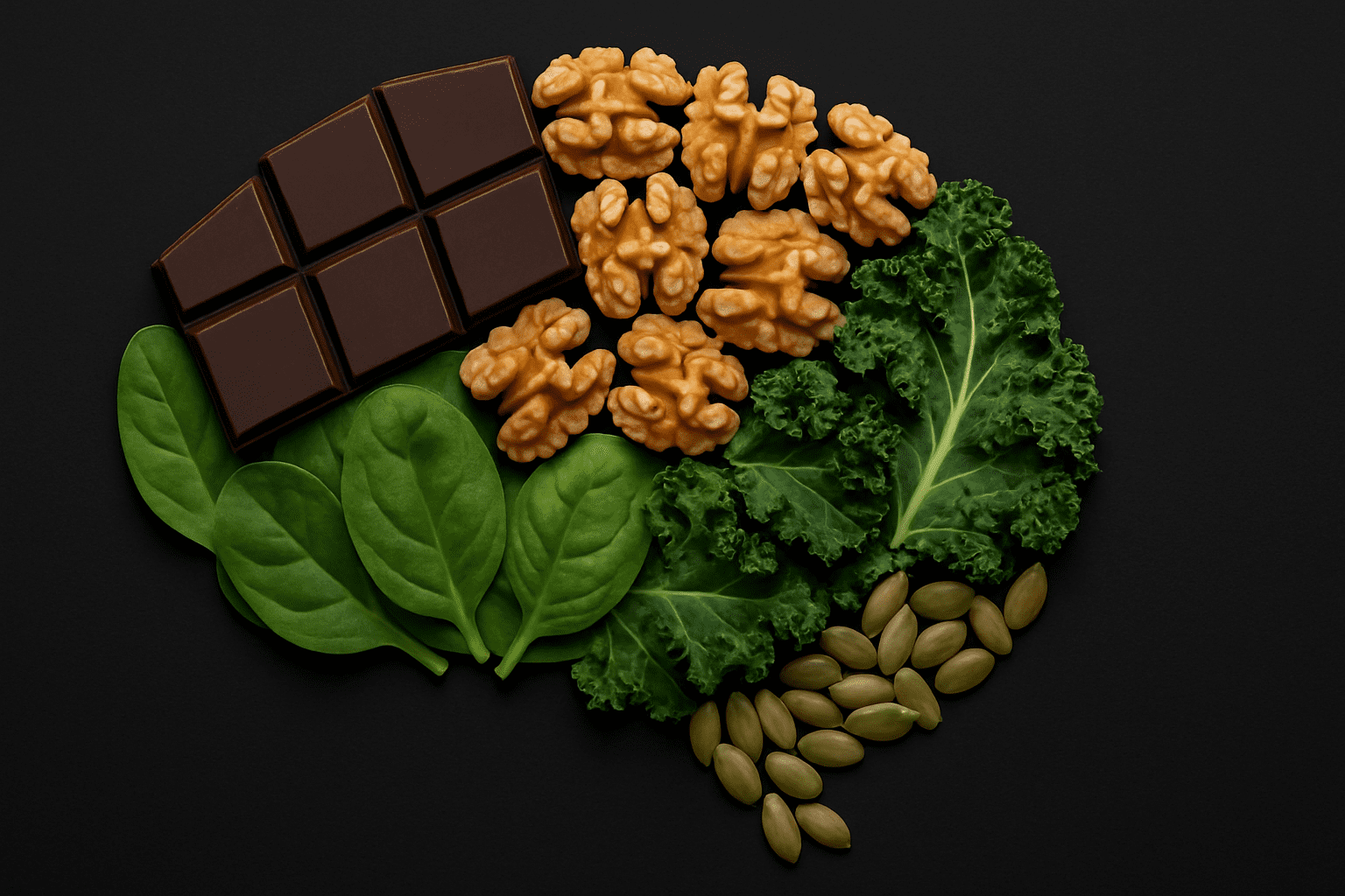Brain-shaped arrangement of dark chocolate, walnuts, spinach, kale, and pumpkin seeds on black background—highlighting the best foods for energy and focus