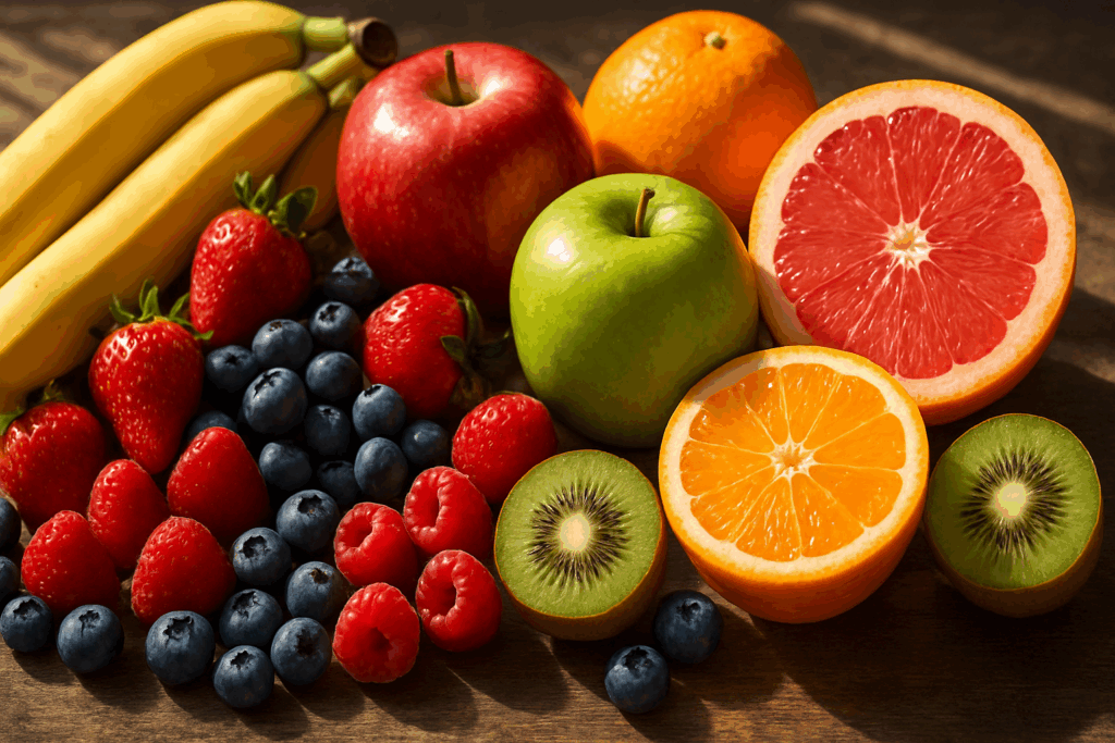 Colorful fruit spread with bananas, berries, apples, grapefruit, and kiwi—highlighting the best foods for energy and focusColorful fruit spread with bananas, berries, apples, grapefruit, and kiwi—highlighting the best foods for energy and focus