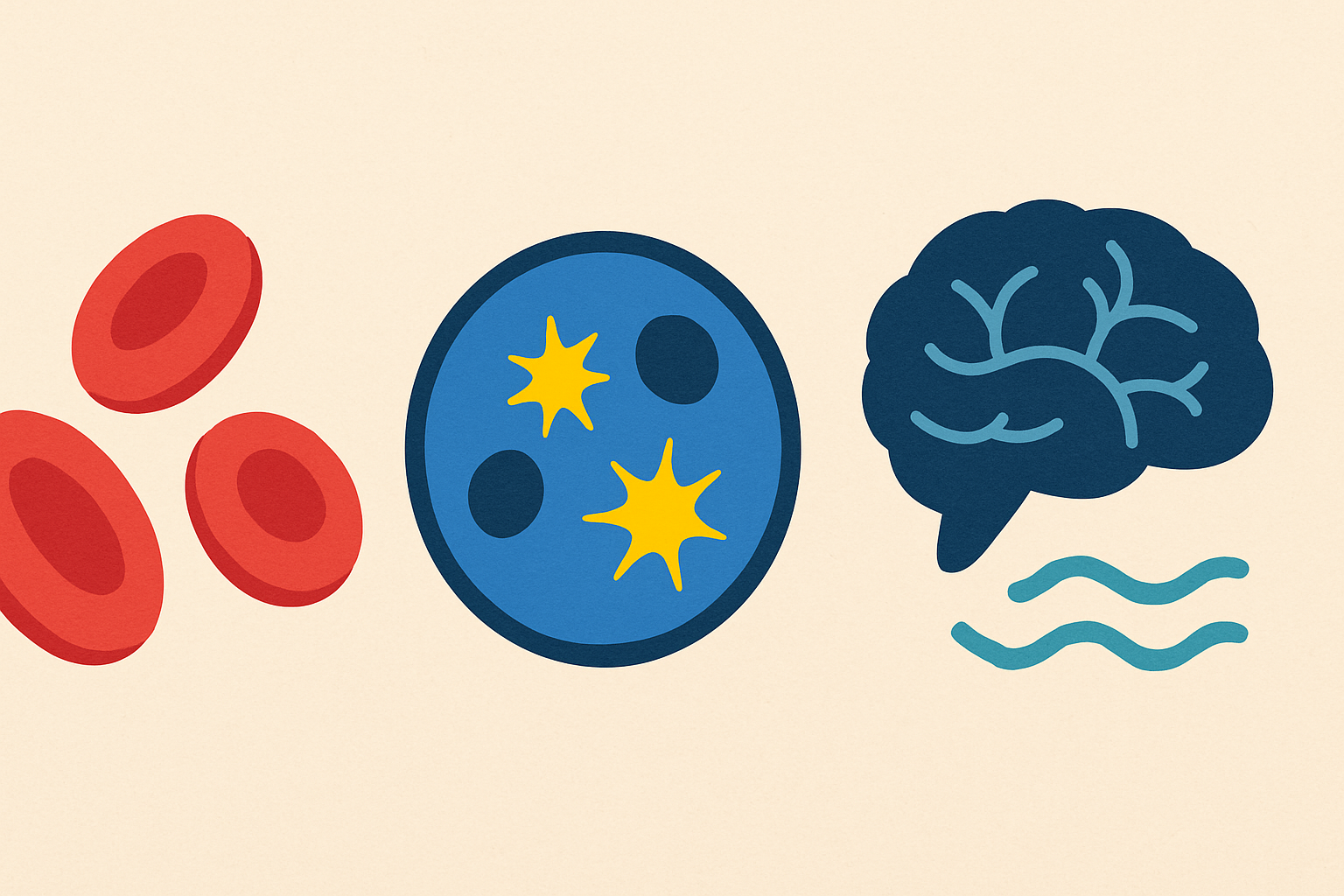 Diagram of red blood cells, energized cells, and a calm brain representing micronutrients in the best foods for energy and focus