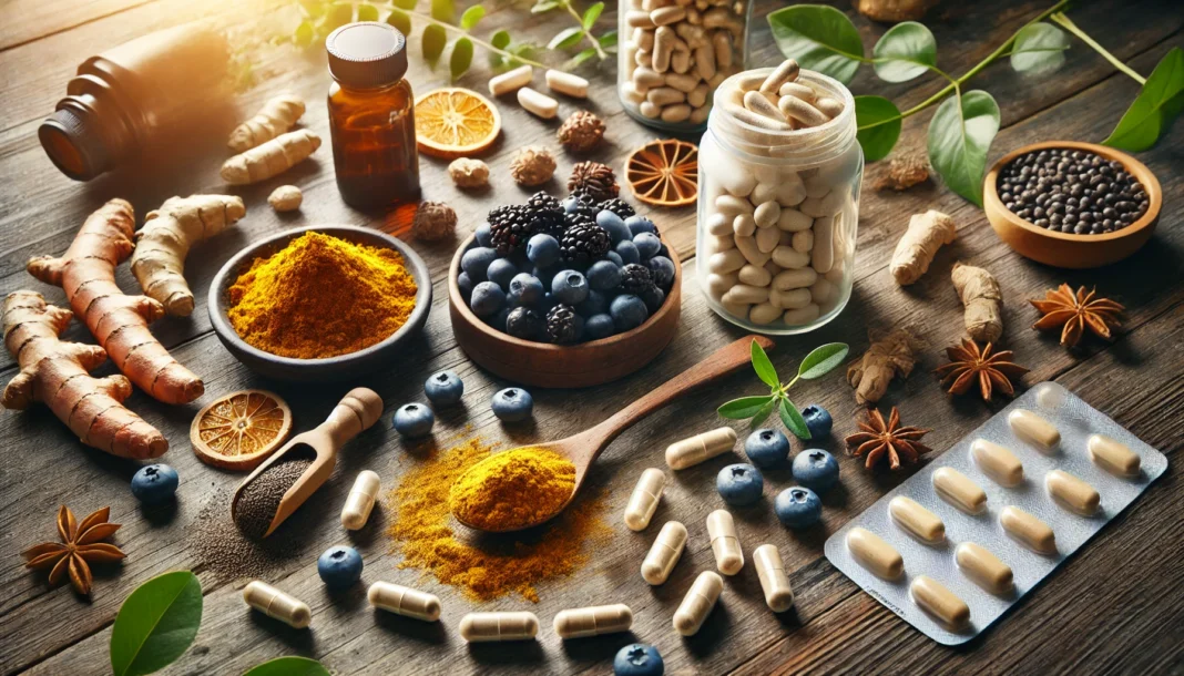 A top-down scene of gut repair supplements and natural healing ingredients illustrating gut repair supplement benefits