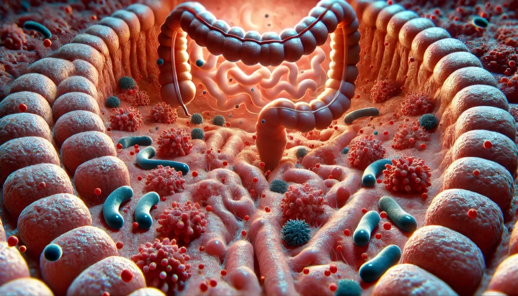 Medical illustration of intestinal lining showing how gut repair supplements support gut barrier function