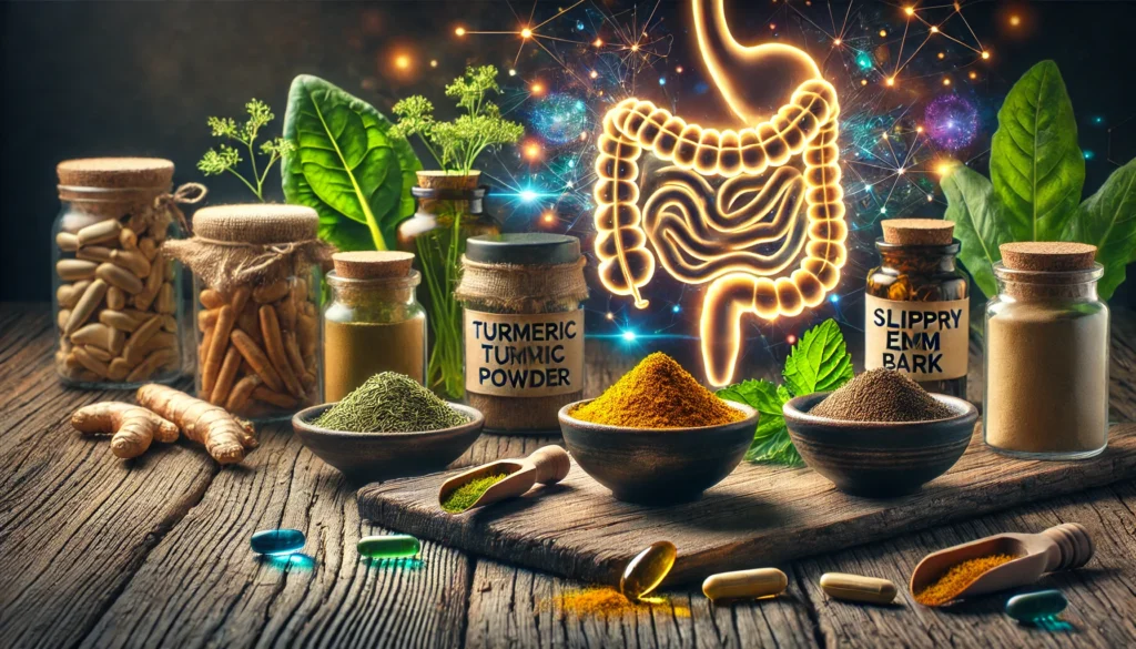 Natural ingredients and capsules representing how gut repair supplements support healing mechanisms