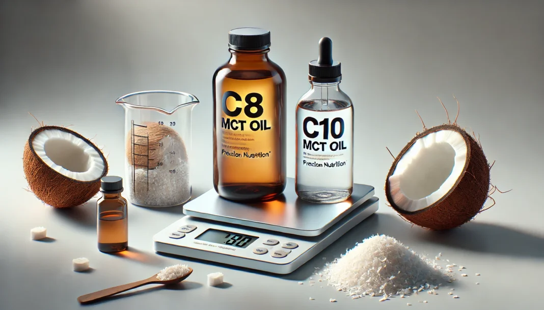Clean clinical display of MCT oil C8 and C10 bottles with coconut and lab tools, showcasing MCT oil C8 C10 benefits