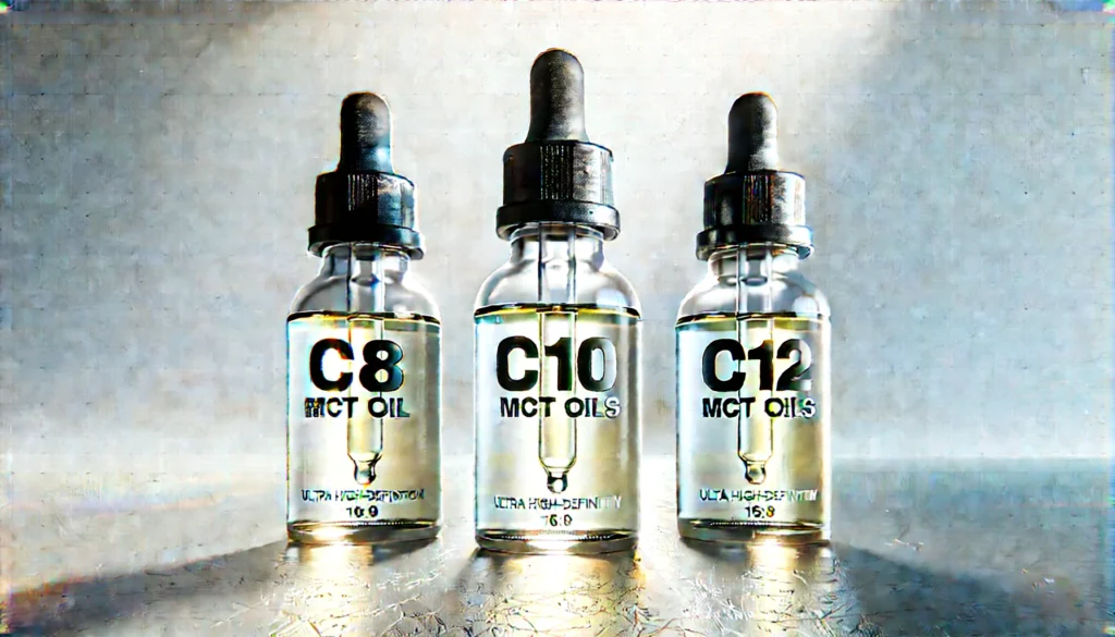 Three MCT oil vials with emphasis on C8 and C10, visually downplaying C12 to illustrate preference for MCT oil C8 C10