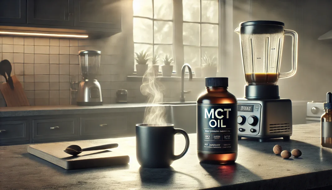 Morning kitchen scene with MCT oil, coffee, and blender representing the best MCT oil lifestyle use