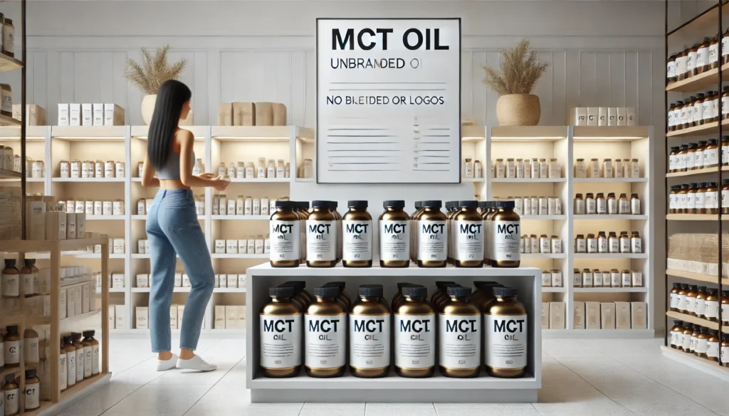 Modern shelf with unbranded MCT oil bottles highlighting best MCT oil brands and consumer choice