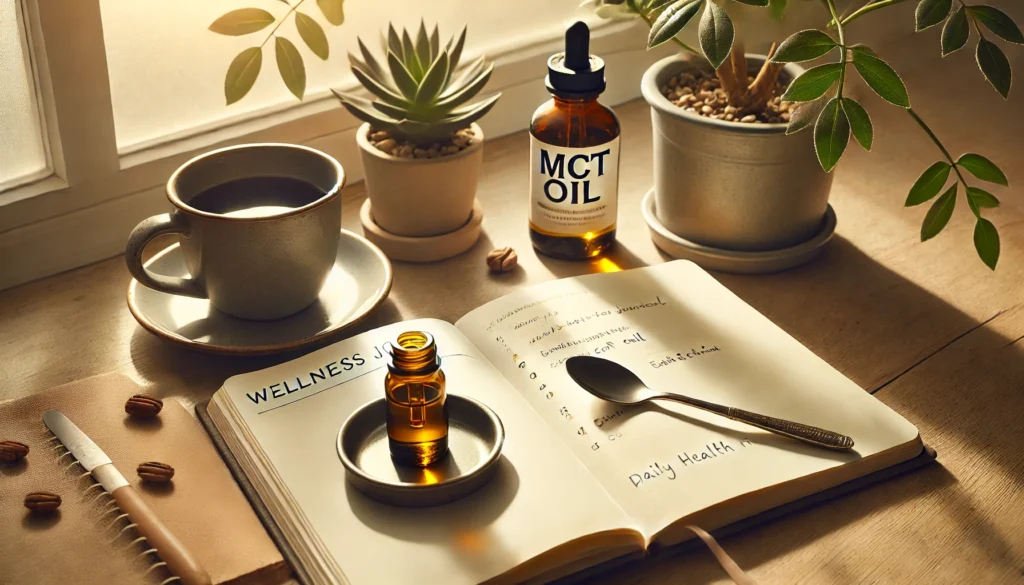 Peaceful workspace with MCT oil spoon and wellness journal reflecting daily benefits of best MCT oil use