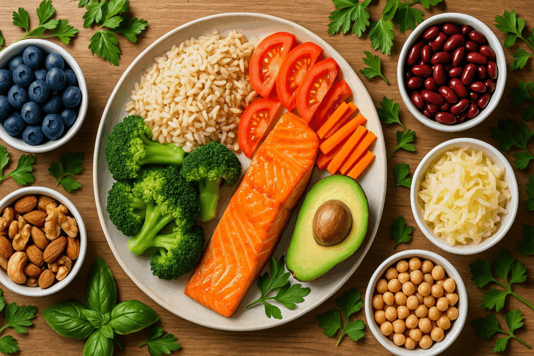 Flat-lay of salmon, brown rice, avocado, broccoli, legumes, and berries on a wooden table representing best nutrition for health