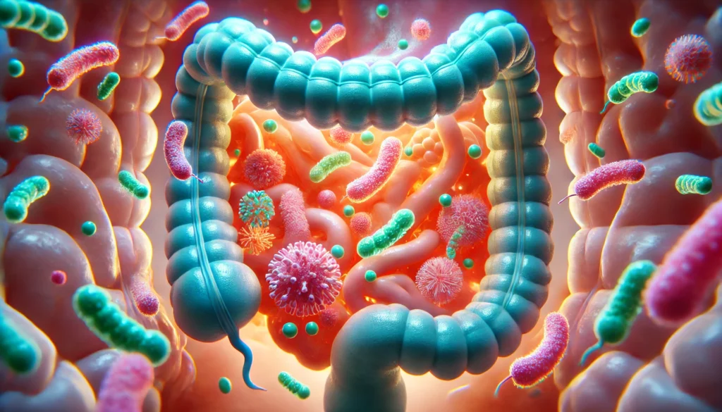 Colorful gut microbiome visual showing balanced bacteria for best probiotic for leaky gut