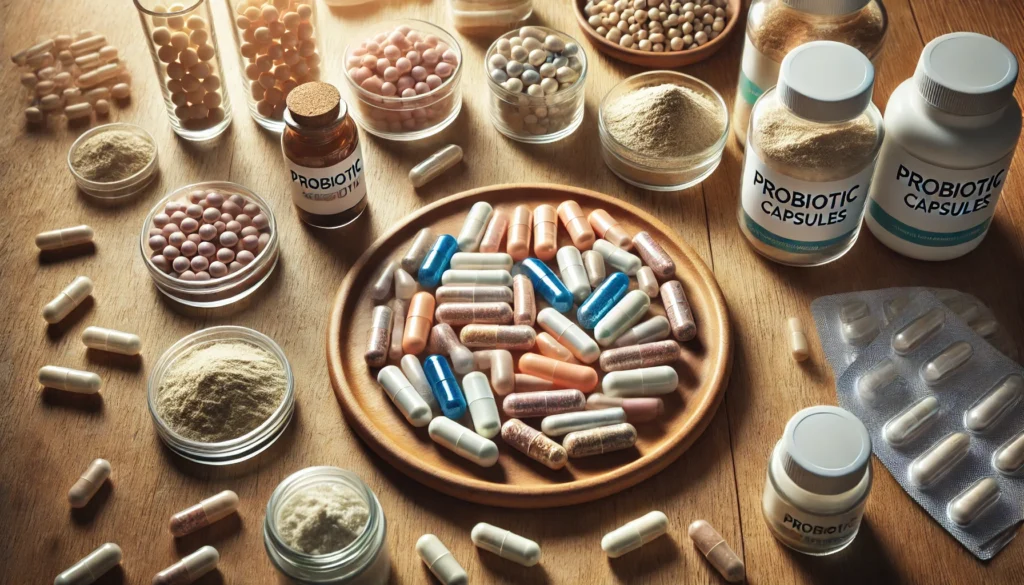 Assorted probiotic capsules for best probiotic for leaky gut arranged on clean surface