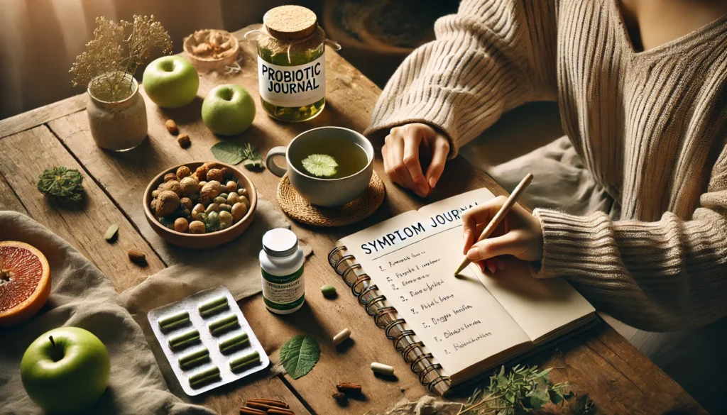 Person tracking probiotic use for best probiotic for leaky gut with tea and wellness tools