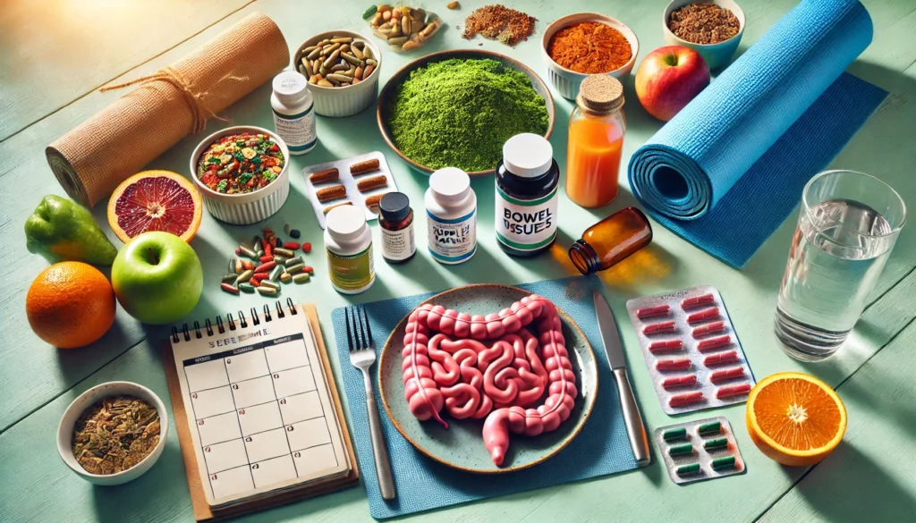 Visual guide of treatment strategies to manage bowel issues including diet and medication