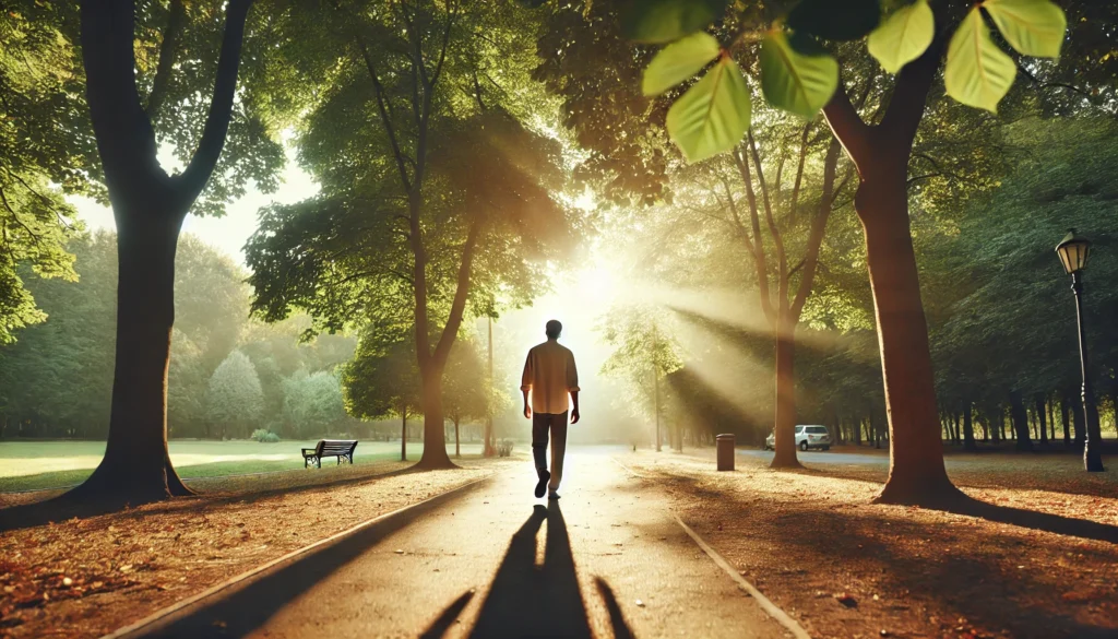 Person walking peacefully in nature representing recovery from bowel problems and restored gut health