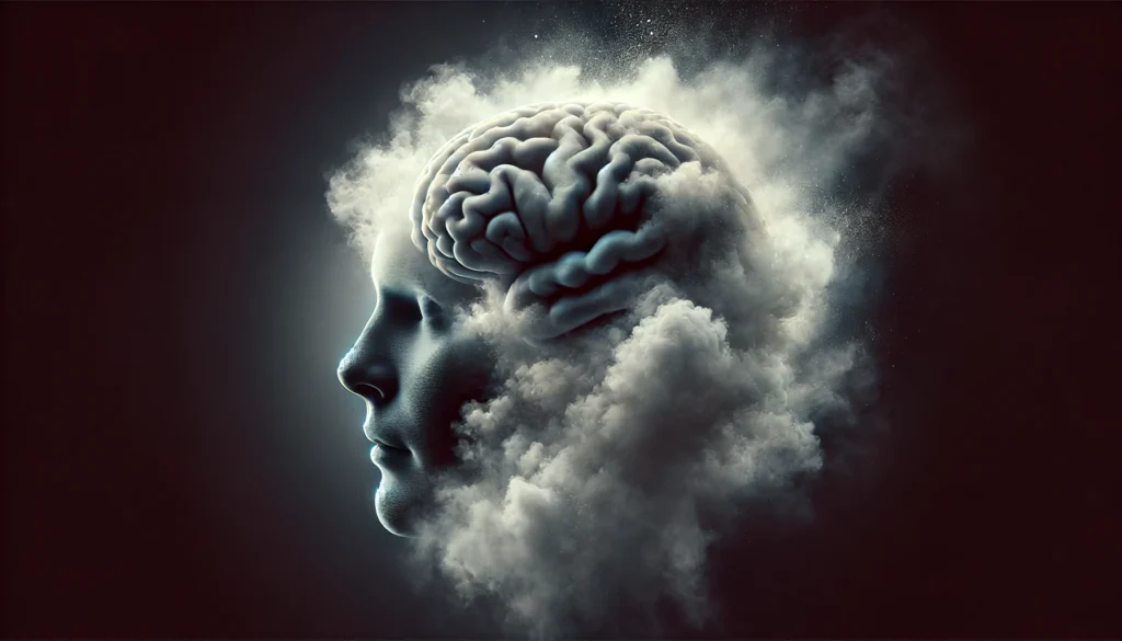 Artistic visualization of a melting brain transforming into fog, symbolizing brain is mush meaning and cognitive fatigue.