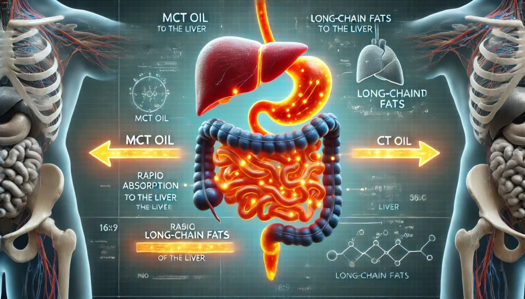 Metabolic breakdown of MCT oil in the body versus long-chain fats showing how MCTs are rapidly absorbed and used