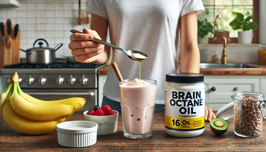 Person adding Brain Octane oil to a morning smoothie, showing ease of daily digestive-friendly MCT usage