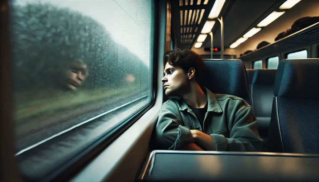 Dissociative expression of a passenger staring out a window to illustrate trauma and burnout related brain stopped symptoms