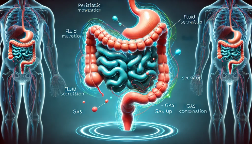 Cross-section of digestive tract showing gut movement and gas buildup contributing to bubble guts and diarrhea