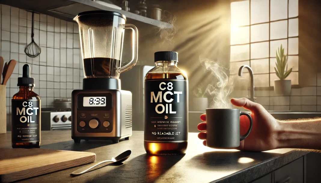 Morning kitchen scene with coffee, blender, and C8 MCT oil bottle highlighting C8 MCT oil routine and benefits