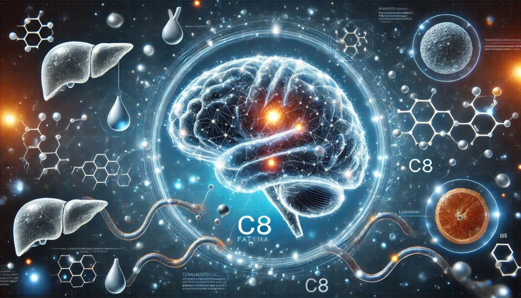 Conceptual image of brain receiving energy from ketones produced by C8 MCT oil showing brain energy boost