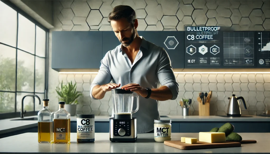 Focused man making Bulletproof Coffee with C8 MCT oil in modern kitchen referencing Dave Asprey C8 oil use