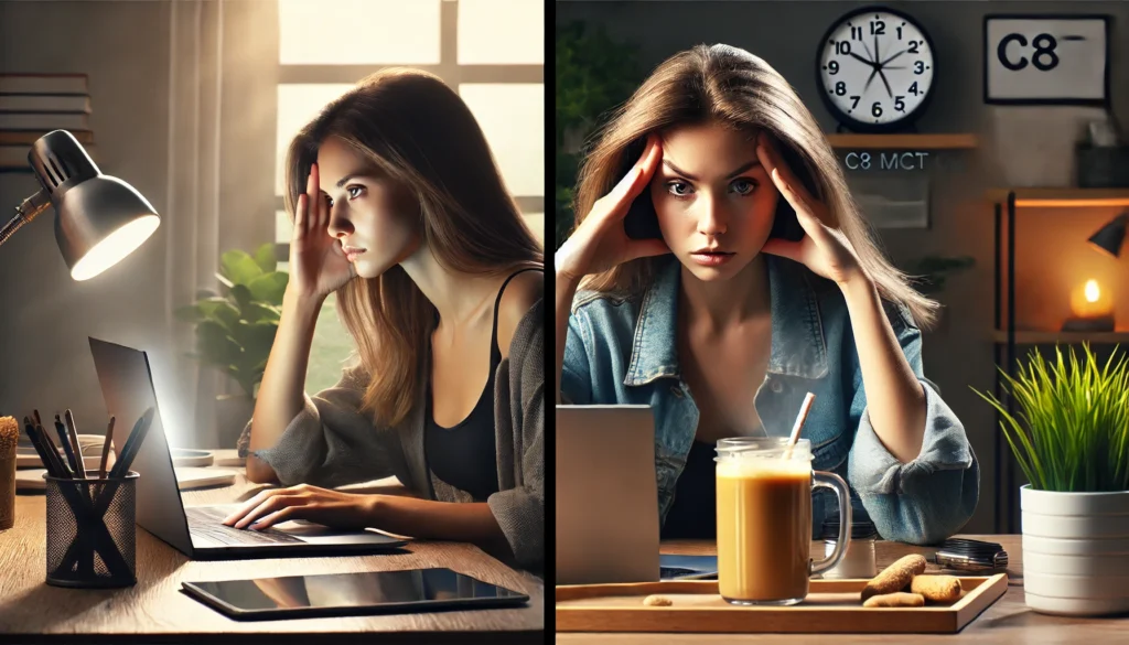 Split image showing woman before and after MCT oil use highlighting C8 MCT oil effect on brain fog