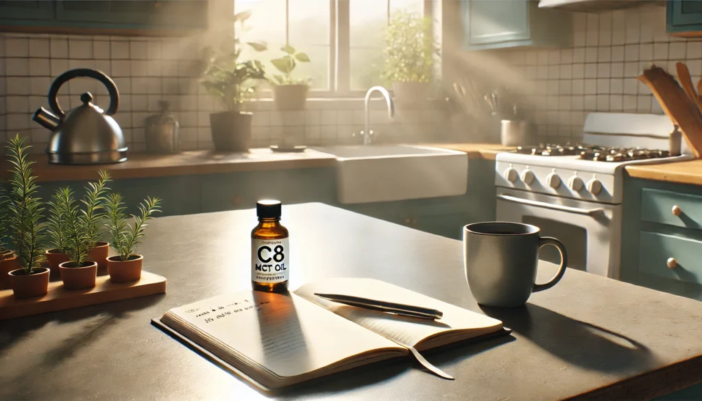 Peaceful kitchen counter with C8 MCT oil, coffee, and journal representing daily clarity from C8 MCT oil use