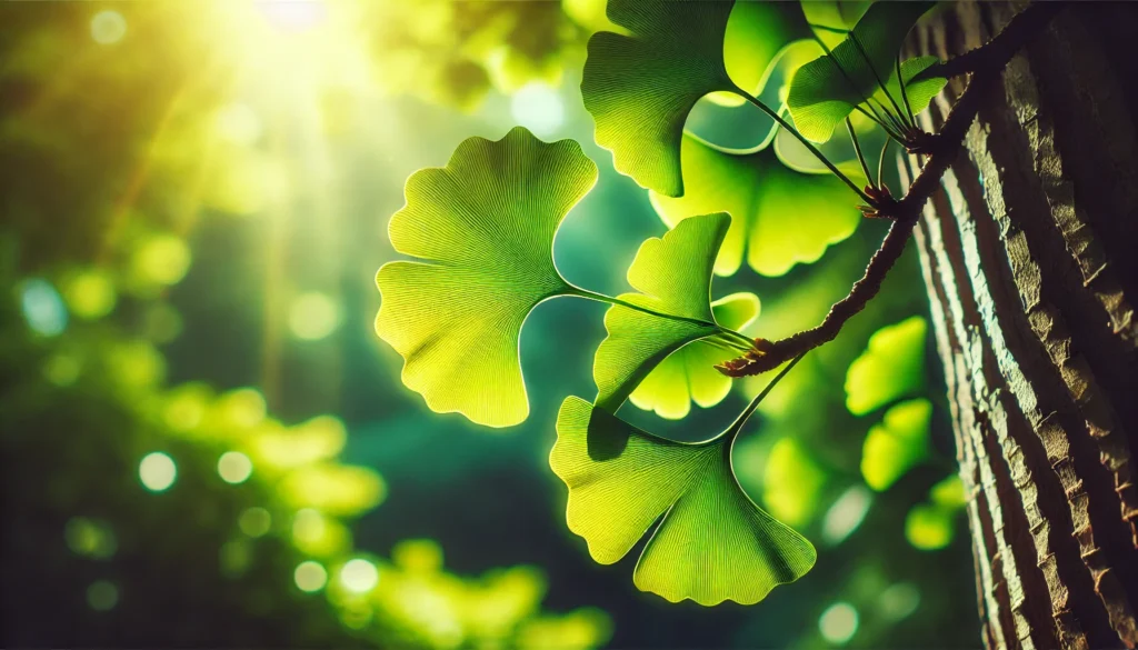 Bright green ginkgo biloba leaves on a tree branch symbolizing natural brain health support