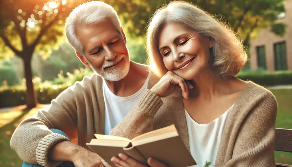 Elderly couple enjoying mental wellness in a park setting, symbolizing proactive cognitive care