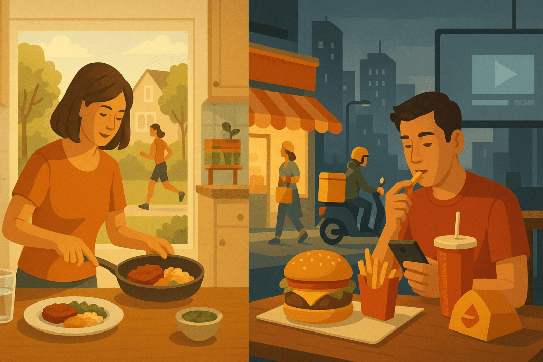 Split-scene illustration showing how people eat more today than 20 years ago, with home-cooked meals on one side and fast food delivery on the other