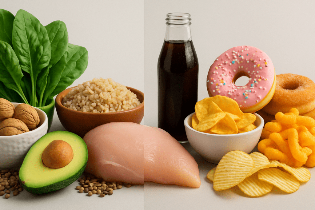 Split-screen showing nutrient-dense foods versus high-calorie snacks, illustrating how people eat more today than 20 years ago