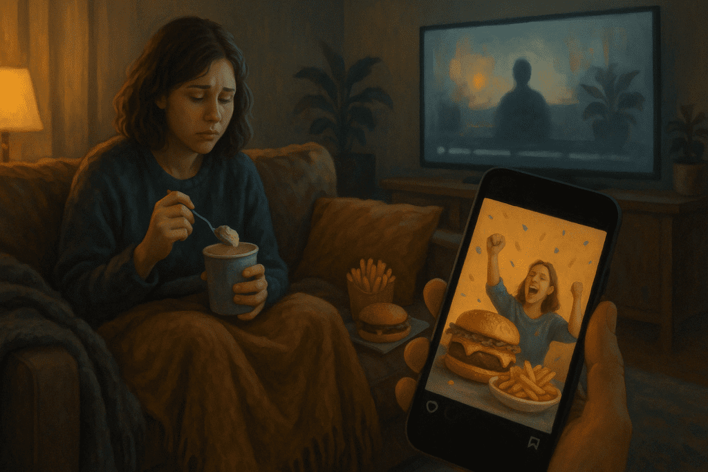 Woman eating ice cream alone in a dim living room, comforted by TV and blankets, symbolizing how people eat more today than 20 years ago due to emotional habits and social media influence