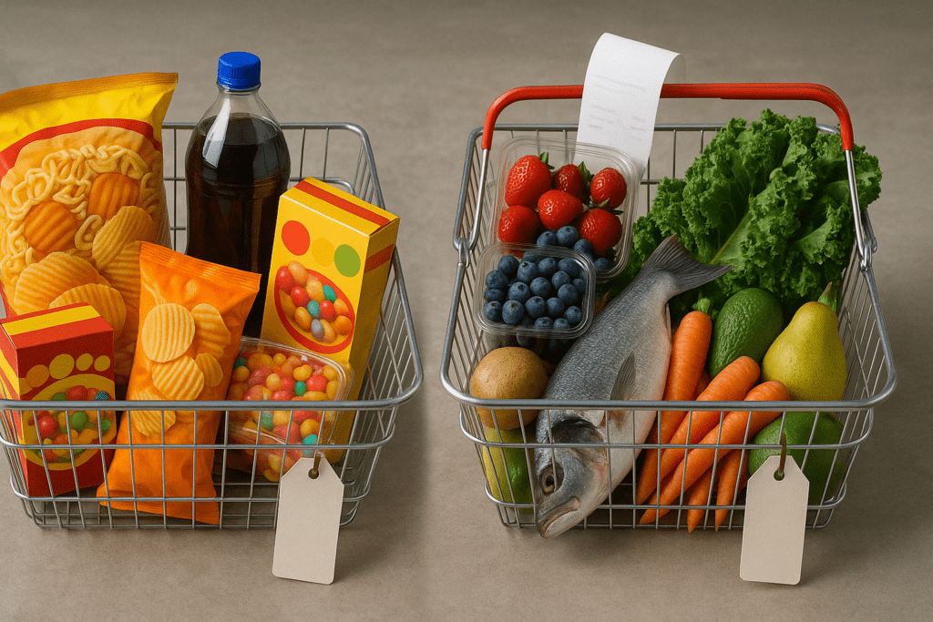 Two grocery baskets comparing processed junk food and fresh produce, illustrating how people Eat More Today Than 20 Years Ago