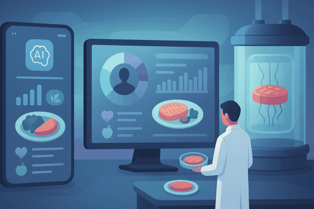 Futuristic food tech lab with AI diet planning, personalized nutrition dashboards, and lab-grown meat, reflecting how Can People Eat More Today Than 20 Years Ago