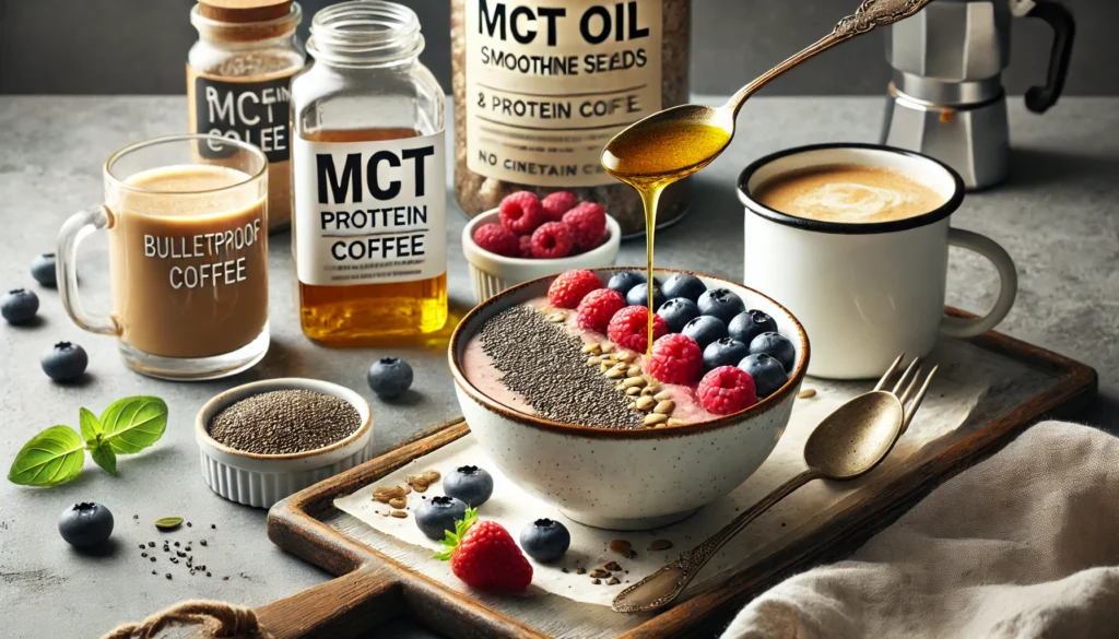MCT oil drizzled over a smoothie bowl and next to a coffee mug, showing how you can cook with MCT oil in meals