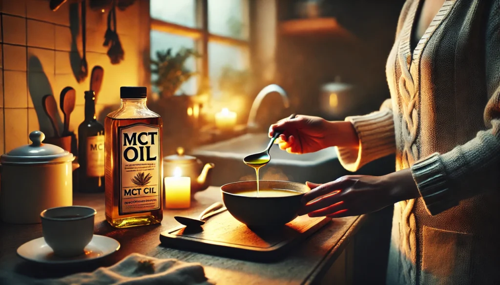 MCT oil being added to tea or soup at home, reinforcing safe ways you can cook with MCT oil