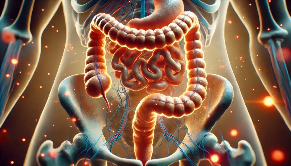 Anatomical illustration of the colon showing water absorption and digestive roles in bowel health