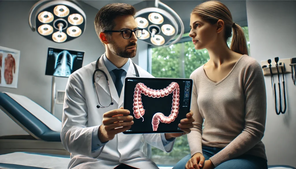 Doctor reviewing colon diagnostic imaging with a patient to evaluate colon issues symptoms