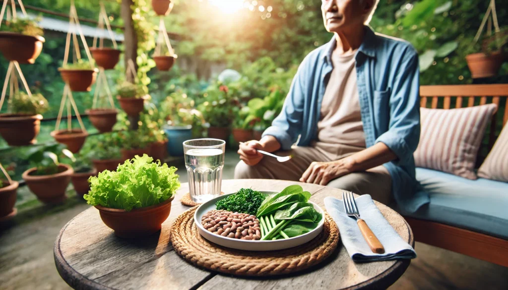 Older adult eating a colon-healthy meal rich in fiber as part of a preventive lifestyle strategy