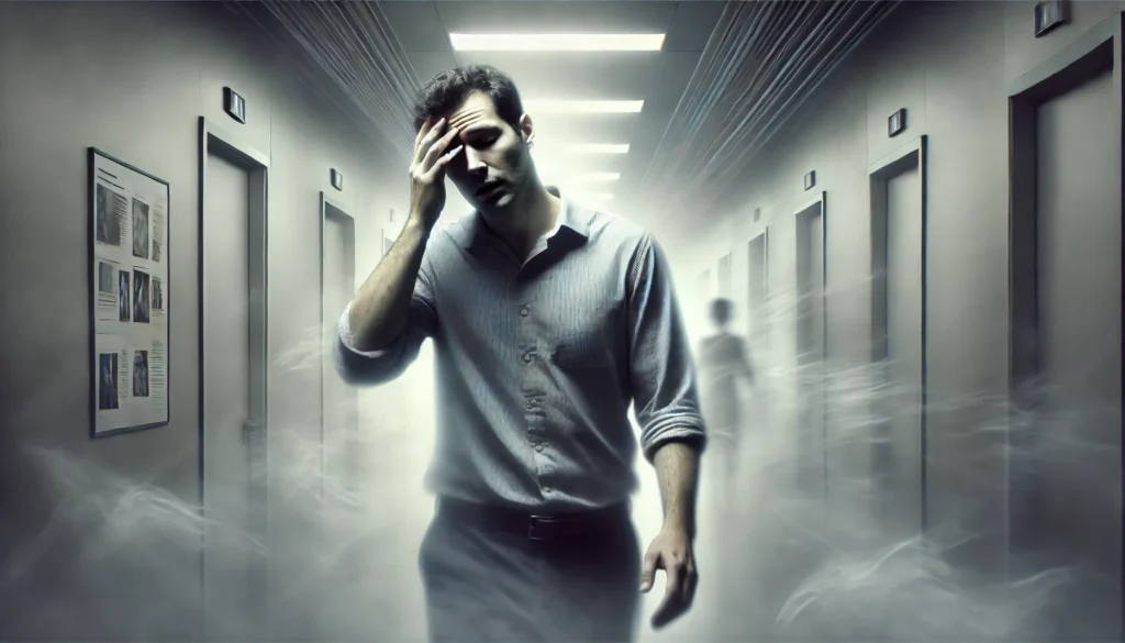 Man walking through a foggy hallway with a confused expression, representing confusion and fatigue and disorientation.