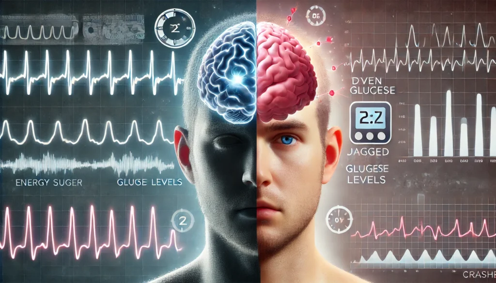 Side-by-side brain states showing the effects of blood sugar crashes vs stable glucose to ask do carbs cause brain fog