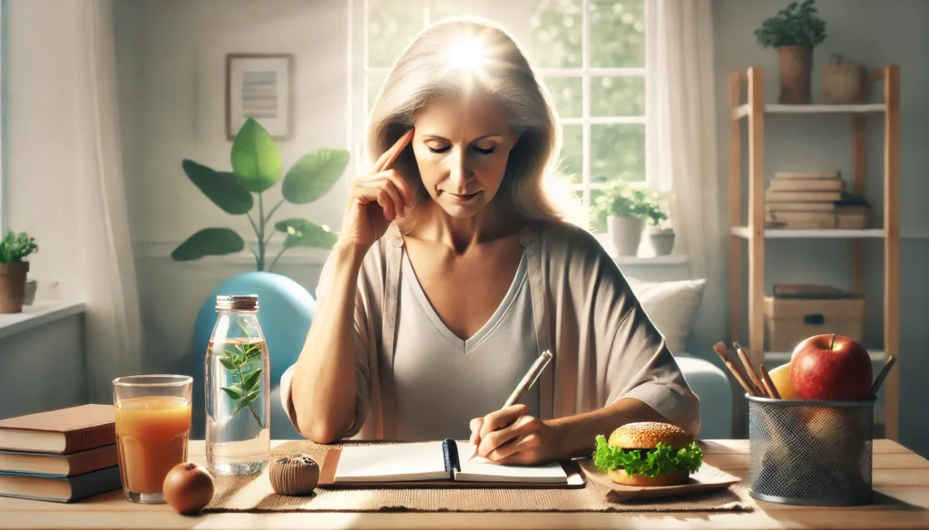 Focused person journaling beside a balanced meal symbolizing lifestyle control in the context of do carbs cause brain fog