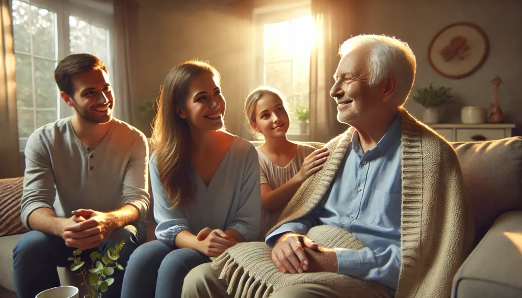 Family sharing a peaceful moment with elderly parent, representing compassionate care amid dementia confusion.
