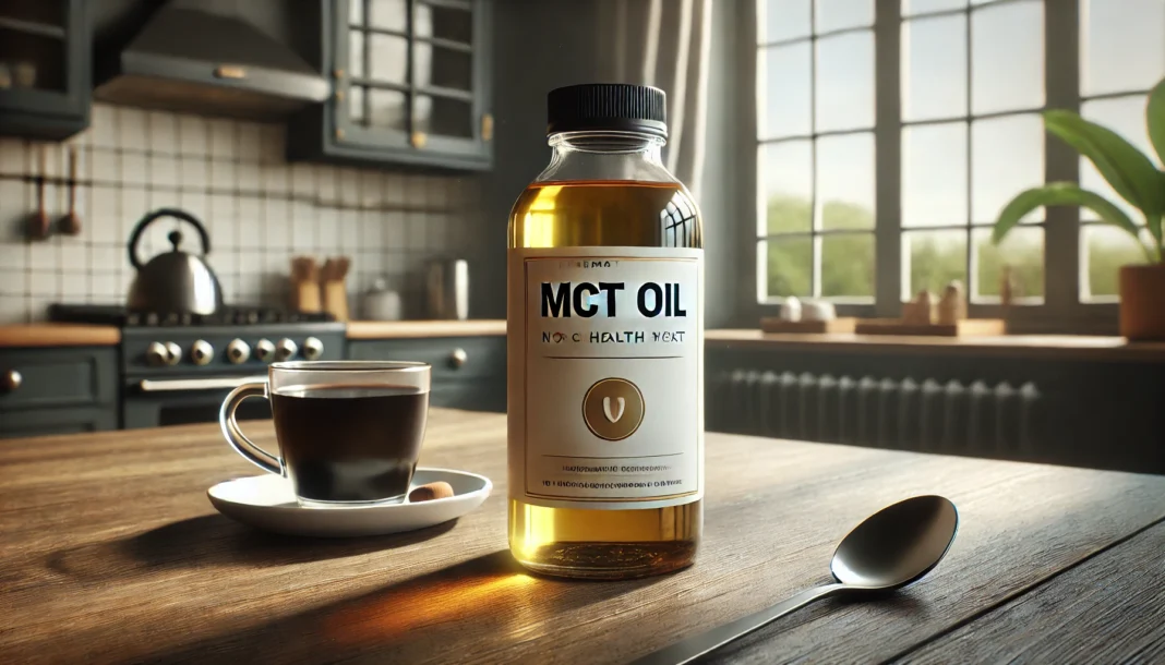 Glass bottle of MCT oil with spoon and coffee cup on wood counter illustrating does MCT oil go bad