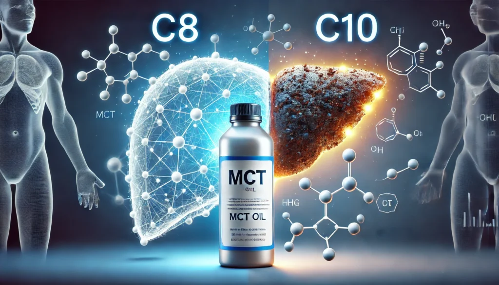 Digital lipid molecules and liver with stable vs oxidized contrast showing why MCT oil stability matters